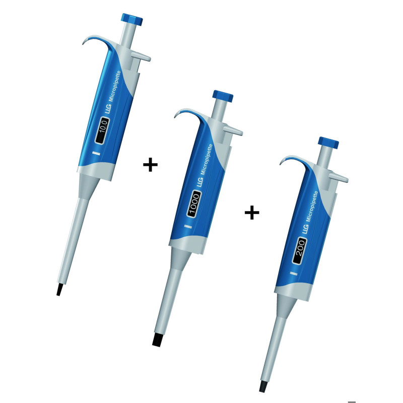 SET 1 MICRO DE 3 MICROPIPETTES LLG VOLUME VARIABLE 0,5 - 10 MICROLITRES /10 - 100 MICROLITRES / 100 - 1000 MICROLITRES AVEC 3 SACS DE 1000 POINTES