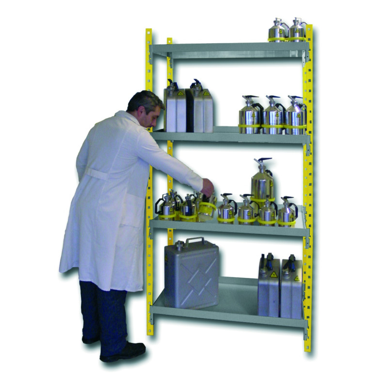 RAYONNAGE EN ACIER PEINT EPOXY 4 ETAGERES L x H : 1000 x 2000 mm AVEC BAC DE RETENTION AMOVIBLE