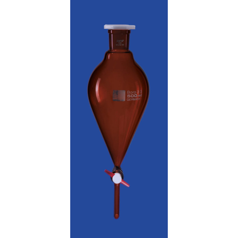 AMPOULE A DECANTER EN VERRE BOROSILICATE BRUN FORME CONIQUE CLE PTFE AVEC GRADUATIONS, 250 ml