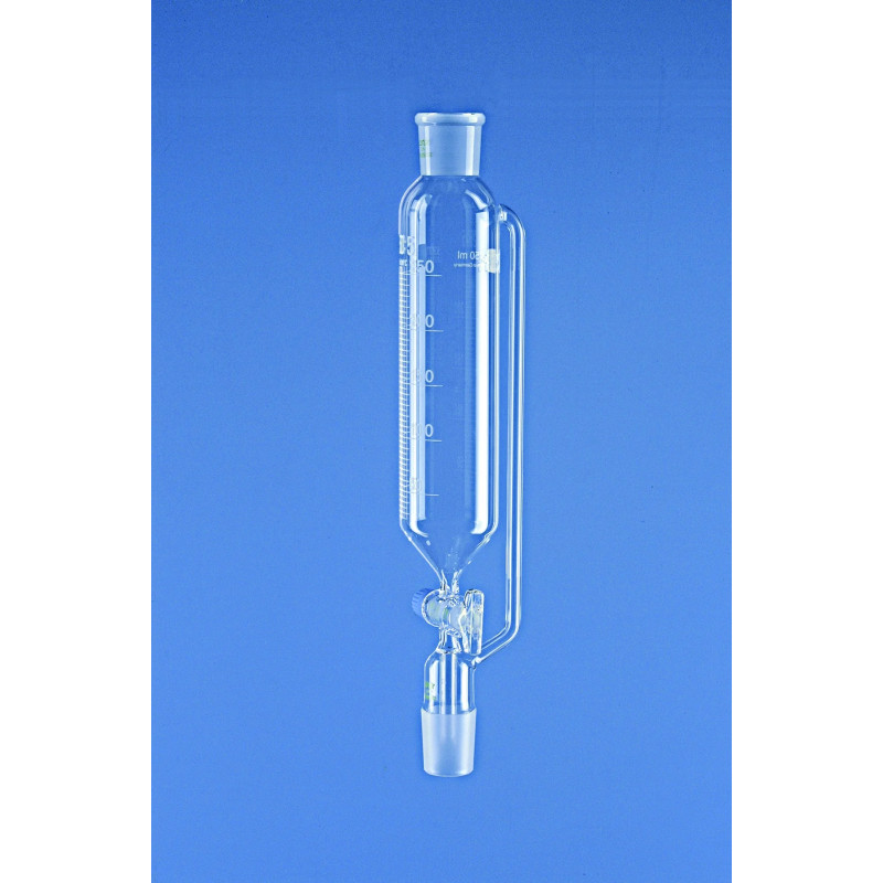 AMPOULE A DECANTER EN VERRE DURAN FORME CYLINDRIQUE AVEC TUBE EXTERNE, RODAGE MALE/FEMELLE 14/23 CLE VERRE