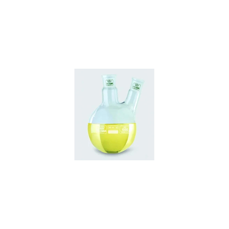 BALLON EN VERRE BOROSILICATE FOND ROND BICOL 100 ml COL CENTRAL 29/32, TUBULURE LATERALE INCLINEE 19/26