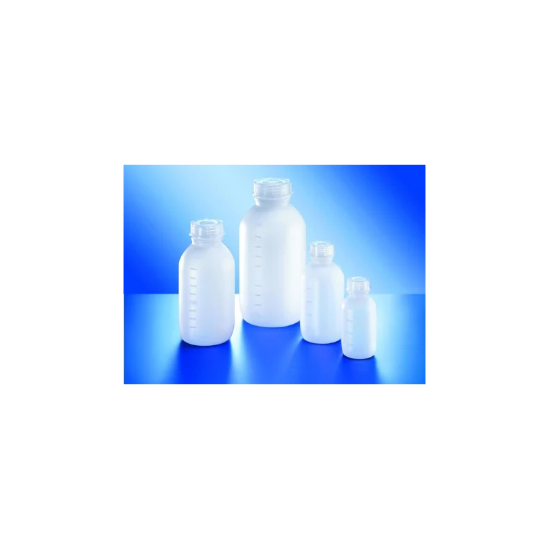 FLACON GRADUE EN POLYETHYLENE HAUTE DENSITE A COL ETROIT 250 ml AVEC BOUCHON EN POLYPROPYLENE