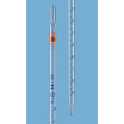 PIPETTE GRADUEE EN VERRE CLASSE AS BLAUBRAND, TYPE 3 ECOULEMENT TOTALE ZERO EN HAUT, GRADUATIONS BLEUES, 2 ML / DIVISION 0,1 ml