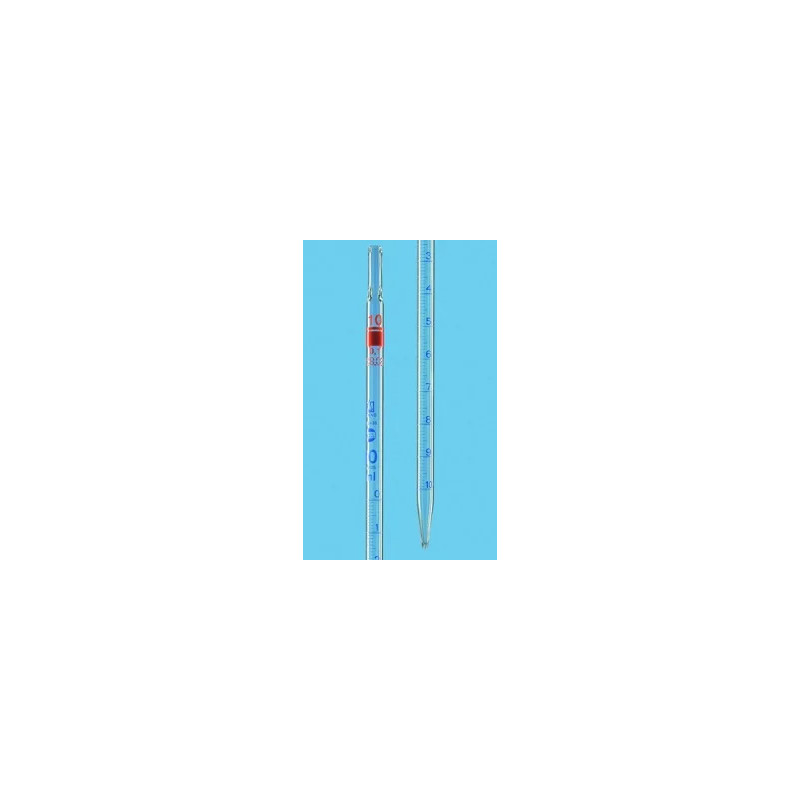 PIPETTE GRADUEE EN VERRE CLASSE AS BLAUBRAND, TYPE 1 ECOULEMENT PARTIEL ZERO EN HAUT, GRADUATIONS BLEUES, 10 ml / DIVISION 0,1 ml