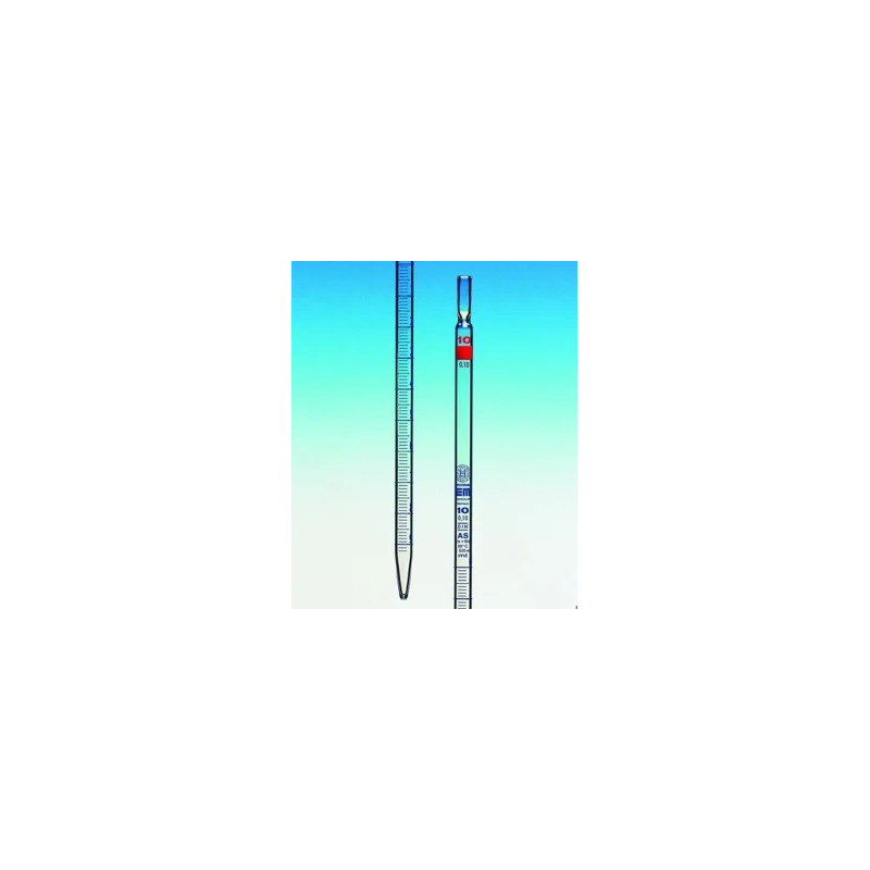 PIPETTE GRADUEE EN VERRE CLASSE AS HIRSCHMANN, TYPE 3 ECOULEMENT TOTALE ZERO EN HAUT, GRADUATIONS BLEUES ET BANDE PHOTOPHORE, 10 ML / DIV. 0,1 ml