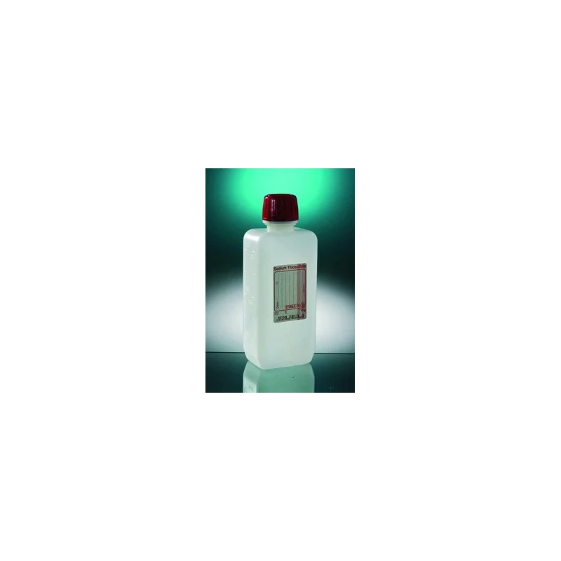 FLACON CARRE PEHD COL ETROIT POUR PRELEVEMENT D'EAU, STERILE, BOUCHON A VIS JOINTE INVIOLABLE, EMBALLAGE UNITAIRE, AVEC THIOSULFATE 120 mg/l, 1000 ML PAR 77