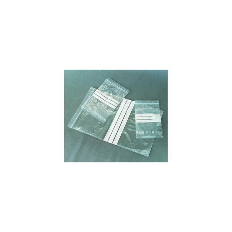 SACHET EN POLYETHYLENE AVEC FERMETURE PAR PRESSION 100 x 70 mm EPAISSEUR 0,05 mm AVEC BANDE D'ECRITURE PAR 100