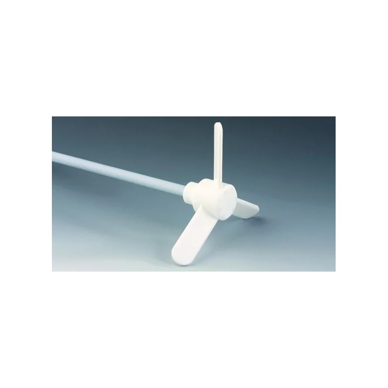 TIGE D'AGITATION EN INOX REVETEMENT PTFE 10 x 600 mm , A HELICE 3 AILETTES INCLINEES EN PTFE DIAMETRE 140 MM