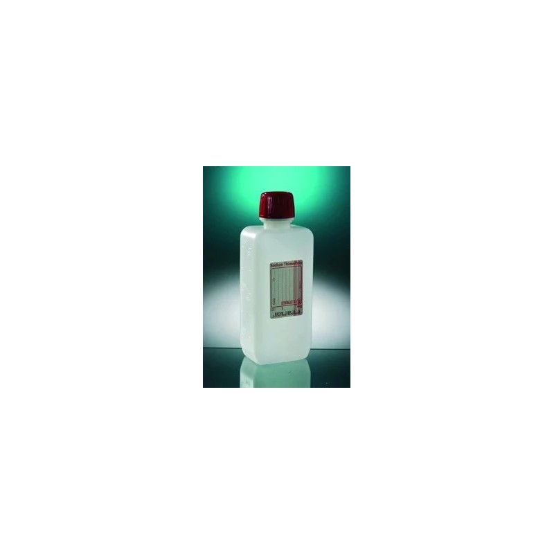 FLACON CARRE EN PEHD POUR PRELEVEMENT D'EAU 500 ml, COL ETROIT, STERILE AVEC THIOSULFATE 120 g/l ET 