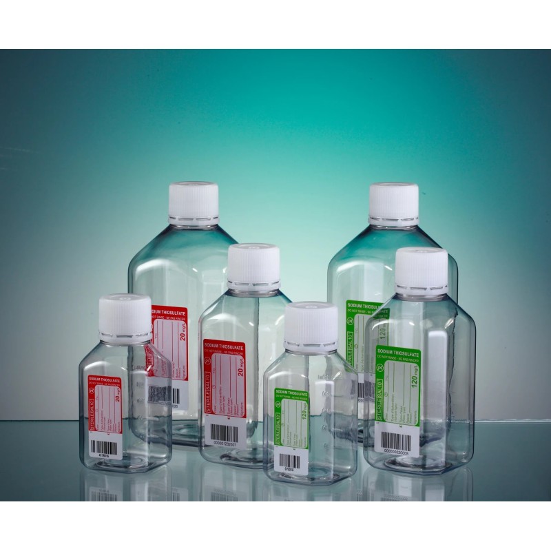 FLACON OCTOGONAL EN PET POUR PRELEVEMENT D'EAU, COL A VIS ETROIT, STERILE IRRADIE SANS THIOSULFATE A