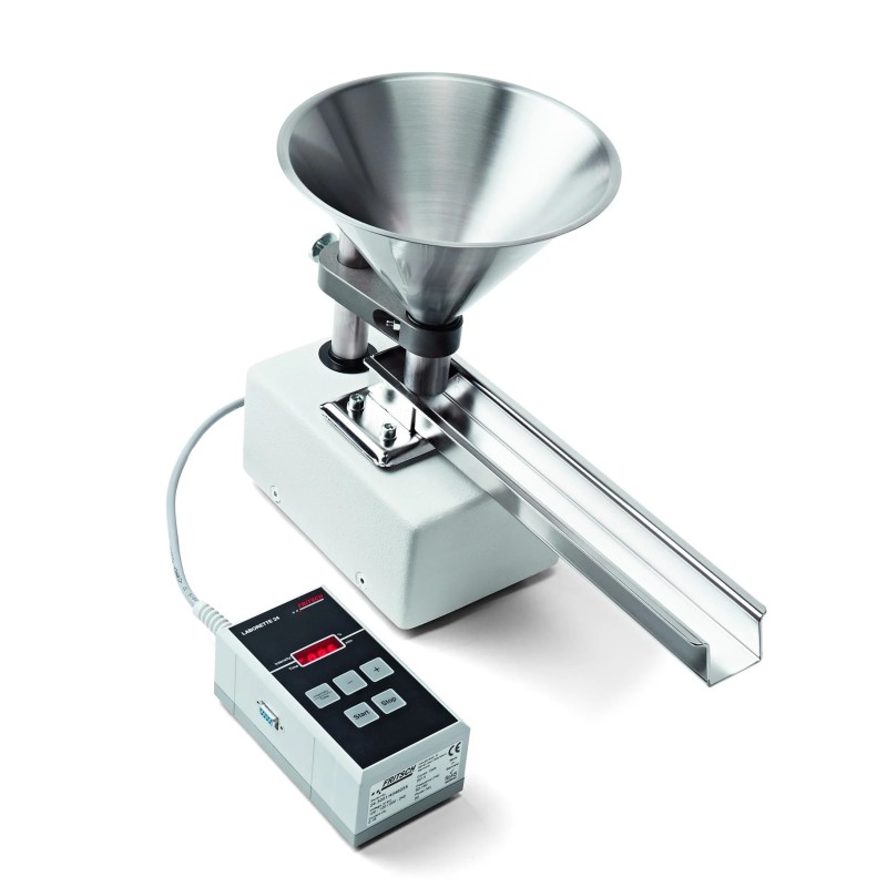 TREMIE D'ALIMENTATION A VIBRATIONS FRITSCH LABORETTE 24 AVEC GOULOTTE ET ENTONNOIR.