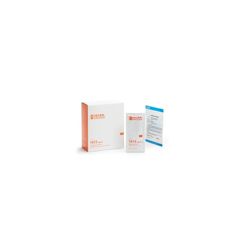 SOLUTION CONDUCTIVITE 1413 uS/CM AVEC CERTIFICAT D'ANALYSE, PAR 25 SACHETS DE 20 ML HANNA