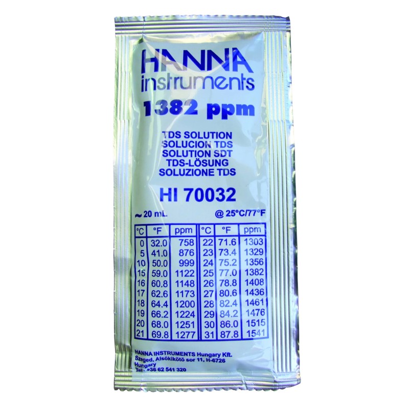 SOLUTION ETALON TDS 1382 mg/l AVEC CERTIFICAT D'ANALYSE, PAR 25 SACHETS DE 20 ML HANNA
