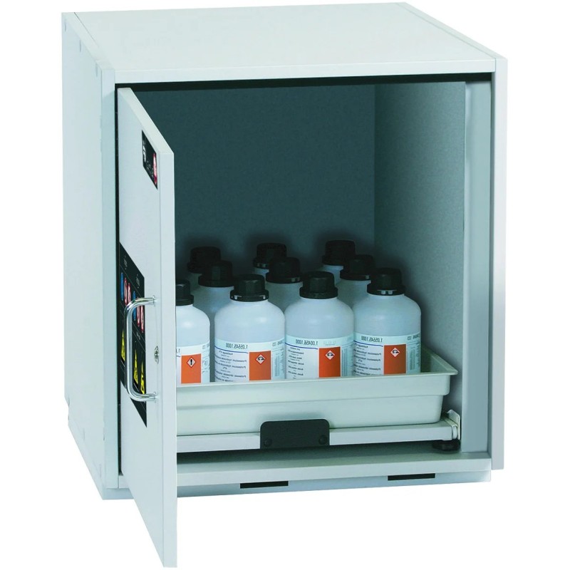 AMOIRE DE SECURITE POUR ACIDES ET BASES SOUS-PAILLASSE ASECOS SL-CLASSIC-UB, 1 PORTE, MODELE SL.060.059.UB.T, COLORIS GRIS CLAIR, EQUIPEE AVEC 2 ETAGERES COULISSANTES MELAMINE/PP 