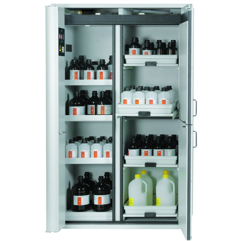 ARMOIRE DE SECURITE MULTIRISQUES HAUTE ASECOS K-PHOENIX-90, 3 PORTES, MODELE K90.196.120.MC.FWAS (BOX A POISON INTEGRE), COLORIS GRIS CLAIR, 2 ETAGERES, 1 CAILLEBOTIS ET 1 BAC DE RETENTIONEN ACIER + 4 ETAGERES COULISSANTES