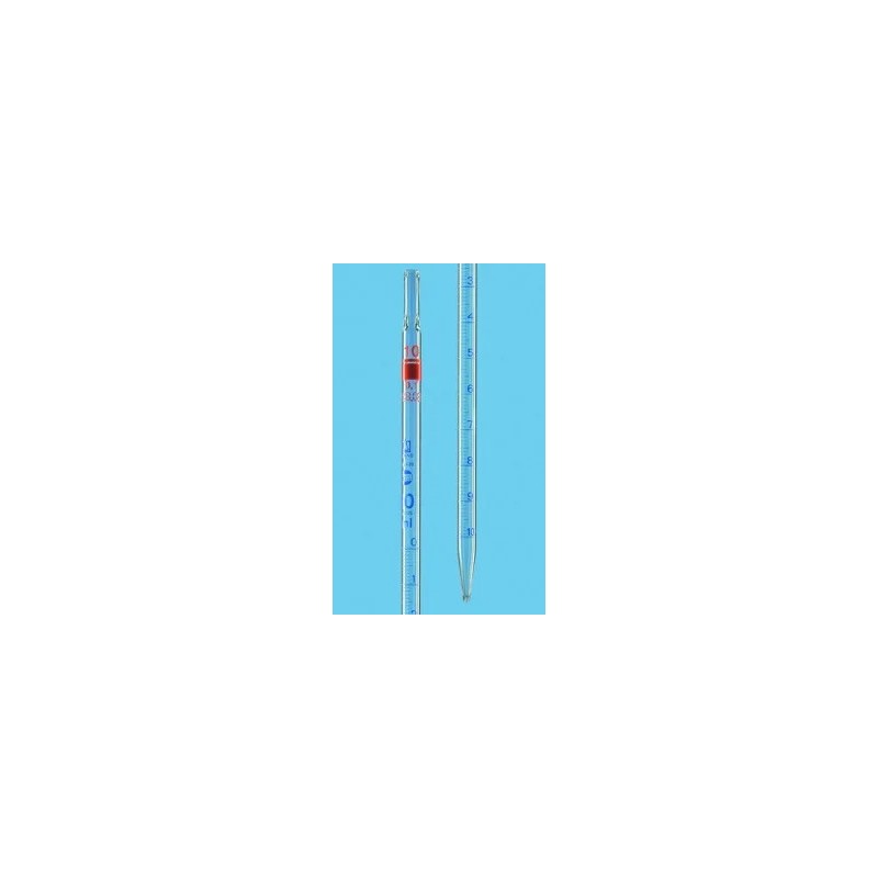 PIPETTE GRADUEE EN VERRE CLASSE AS BLAUBRAND, TYPE 1 ECOULEMENT PARTIEL ZERO EN HAUT, GRADUATIONS BLEUES, 0,5 ml / DIVISION 0,01 ml PAR 12