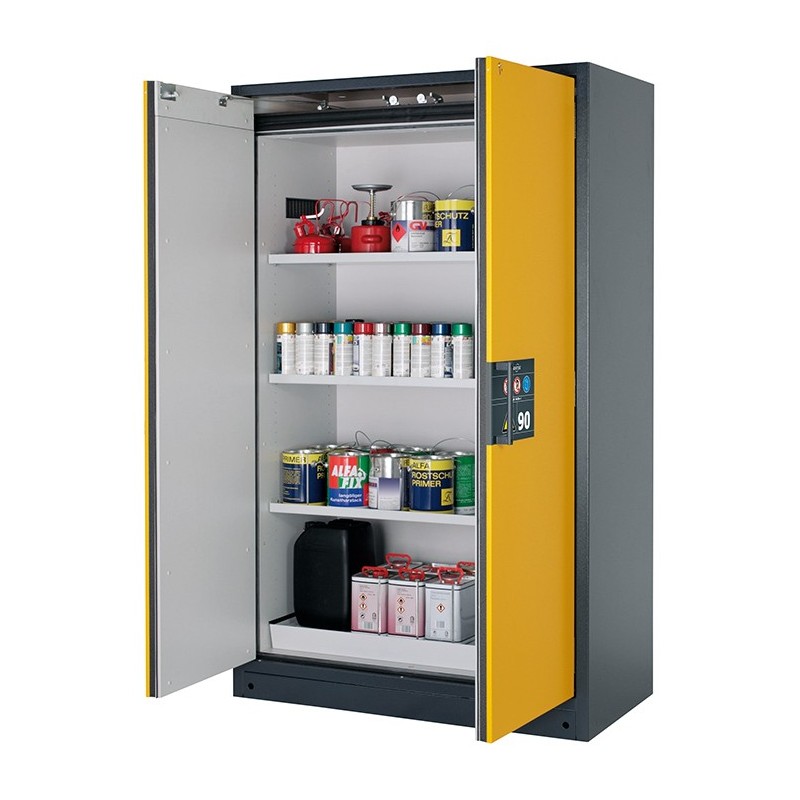 ARMOIRE DE SECURITE HAUTE POUR PRODUITS INFLAMMABLES ASECOS Q-LINE, 2 PORTES,  MODELE Q90.195.120, COLORIS CORPS GRIS ANTHRACITE ET PORTES JAUNE SECURITE, EQUIPEE DE 3 ETAGERES, 1 CAILLEBOTIS ET 1 BAC DE RETENTION EN ACIER