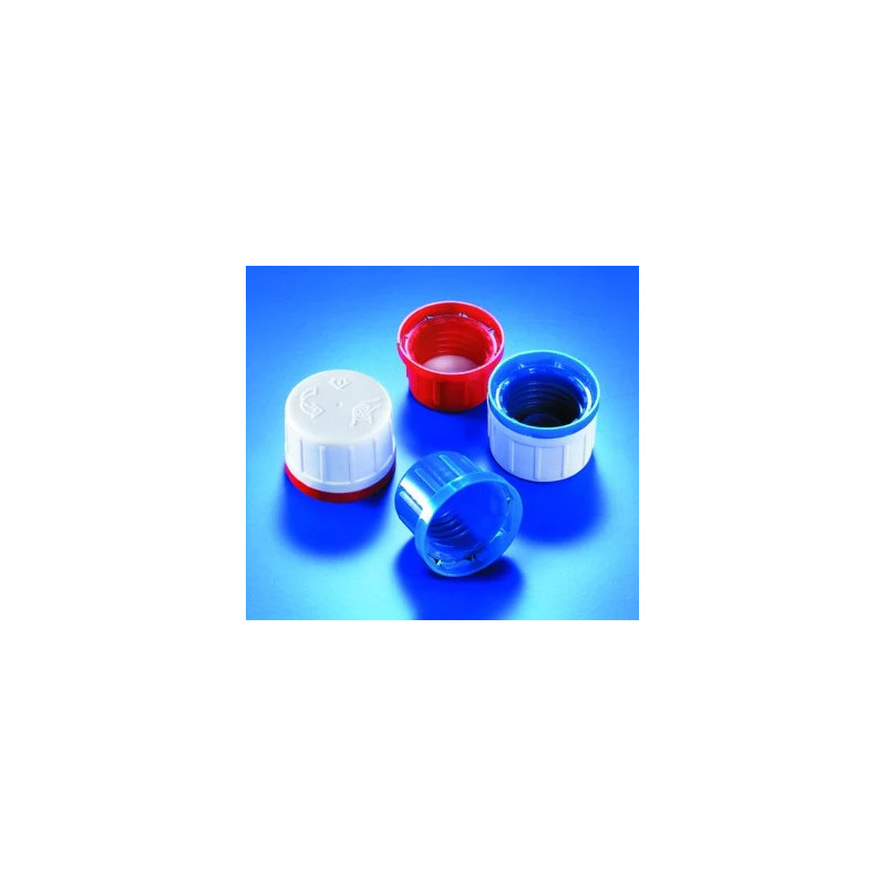 BOUCHON A VIS EN POLYPROPYLENE BLANC/ROUGE GL32 AVEC BAGUE D'INVIOLABILITE, JOINT CONIQUE, SURPROTEC