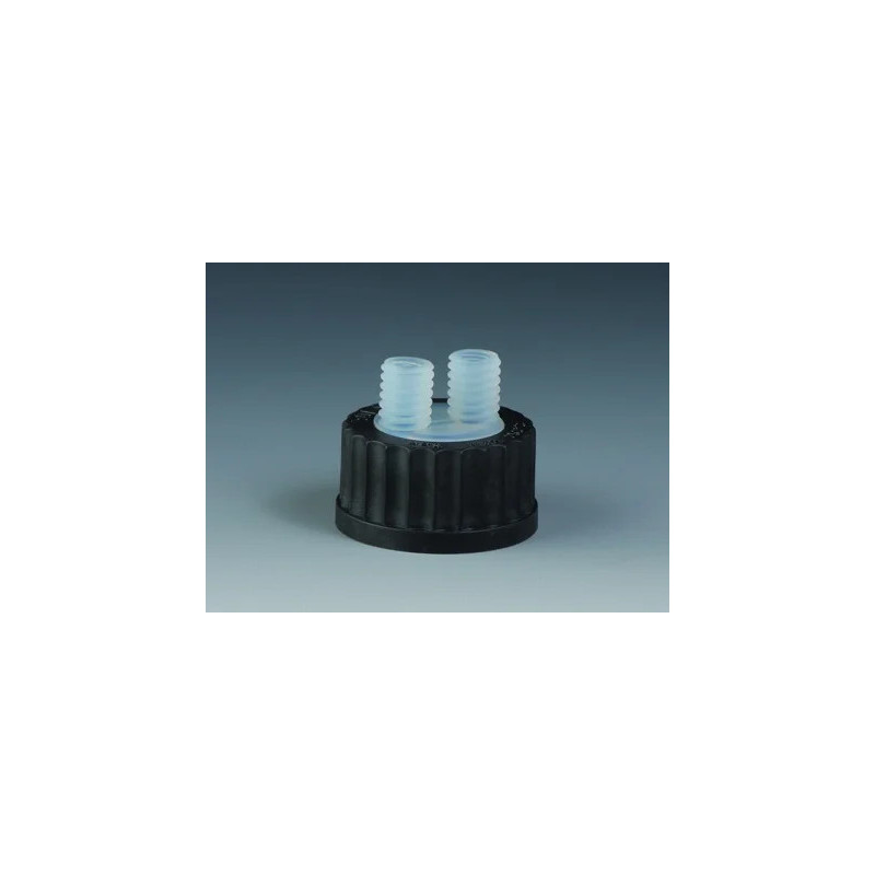 BOUCHON DE TRANSFERT A VIS EN PPS NOIR GL45, BLOC CENTRAL EN POLYPROPYLENE AVEC RACCORDS GL14
