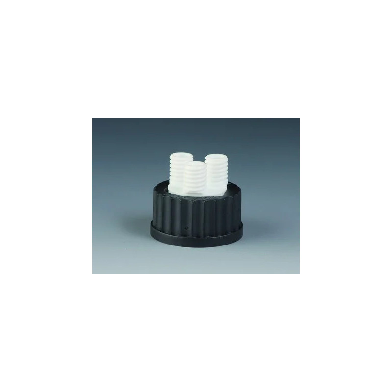 BOUCHON DE TRANSFERT A VIS EN PPS NOIR GL45, BLOC CENTRAL EN PTFE AVEC RACCORDS