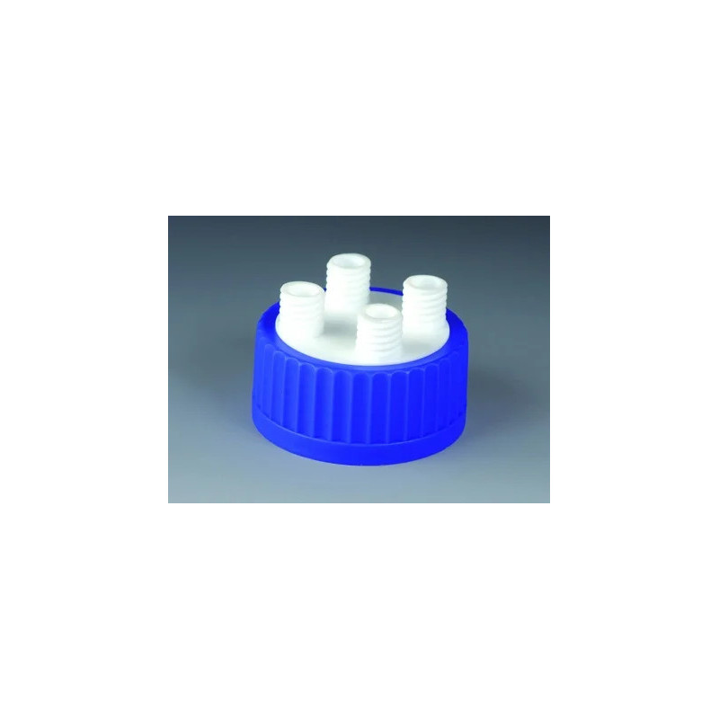 BOUCHON DE TRANSFERT A VIS EN POLYPROPYLENE BLEU GL80, BLOC CENTRAL EN PTFE AVEC 4 RACCORDS GL18