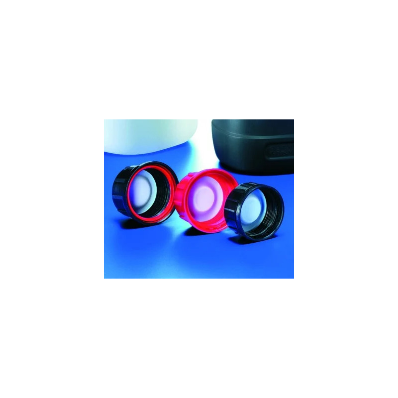 BOUCHON EN POLYPROPYLENE ROUGE GL45 AVEC BAGUE INVIOLABLE ET DEGAZAGE, JOINT TEFLON PERFORE