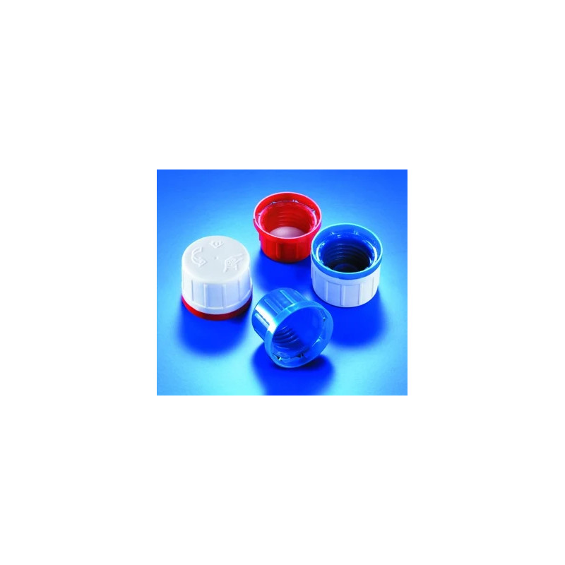 BOUCHON A VIS GL32 EN POLYPROPYLENE BLANC / ROUGE AVEC BAGUE INVIOLABLE, SURPROTECTION ET MEMBRANE DEGAZAGE