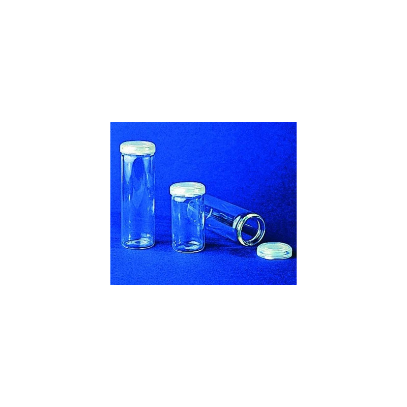 FLACON PILULIER EN VERRE SODOCALCIQUE, AVEC COUVERCLE COIFFANT A CLIPSER EN POLYETHYLENE PAR 200