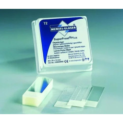 LAME DE MICROSCOPE ADHESIVE SUPER FROST PLUS 75 x 25 mm BORDS RODES 90° AVEC ZONE DE MARQUAGE BLANCH