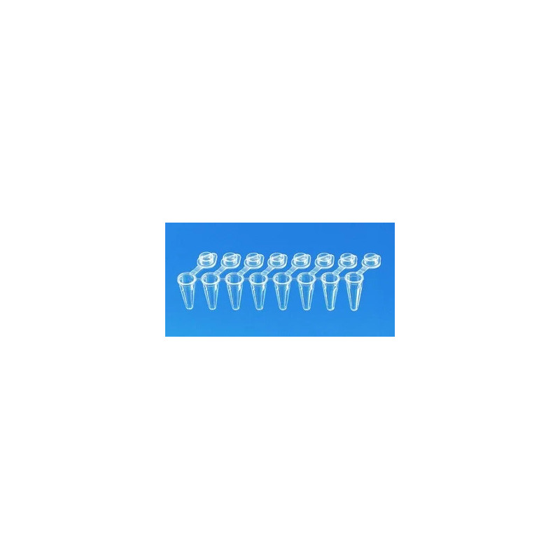 BARRETTE DE 8 MICROTUBES PCR BRAND INCOLORES AVEC CAPUCHONS PLATS ATTACHES, SACHET DE 120 BARRETTES