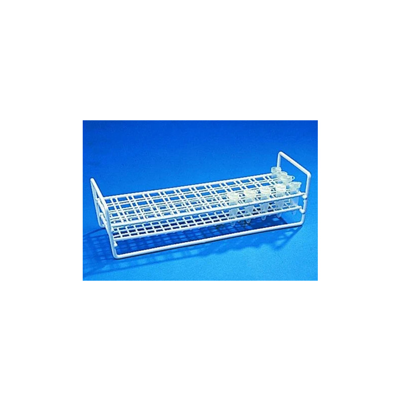 PORTOIR EN ACIER REVETU POLYETHYLENE BLANC POUR MICROTUBES 1,5 ml 4 X 12 EMPLACEMENTS, AVEC POIGNEES