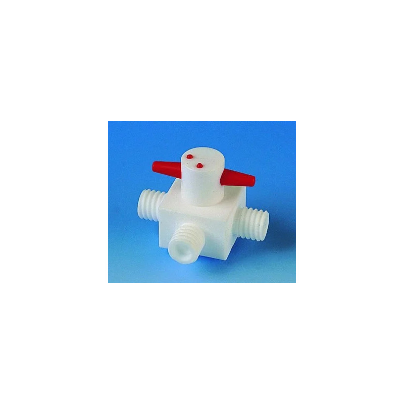 ROBINET EN PTFE 3 VOIES FORME T, ALESAGE EN L, RACCORD A VIS