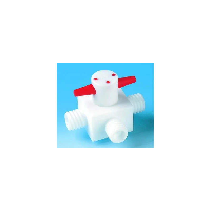 ROBINET EN PTFE 3 VOIES FORME T, ALESAGE EN T, RACCORD A VIS