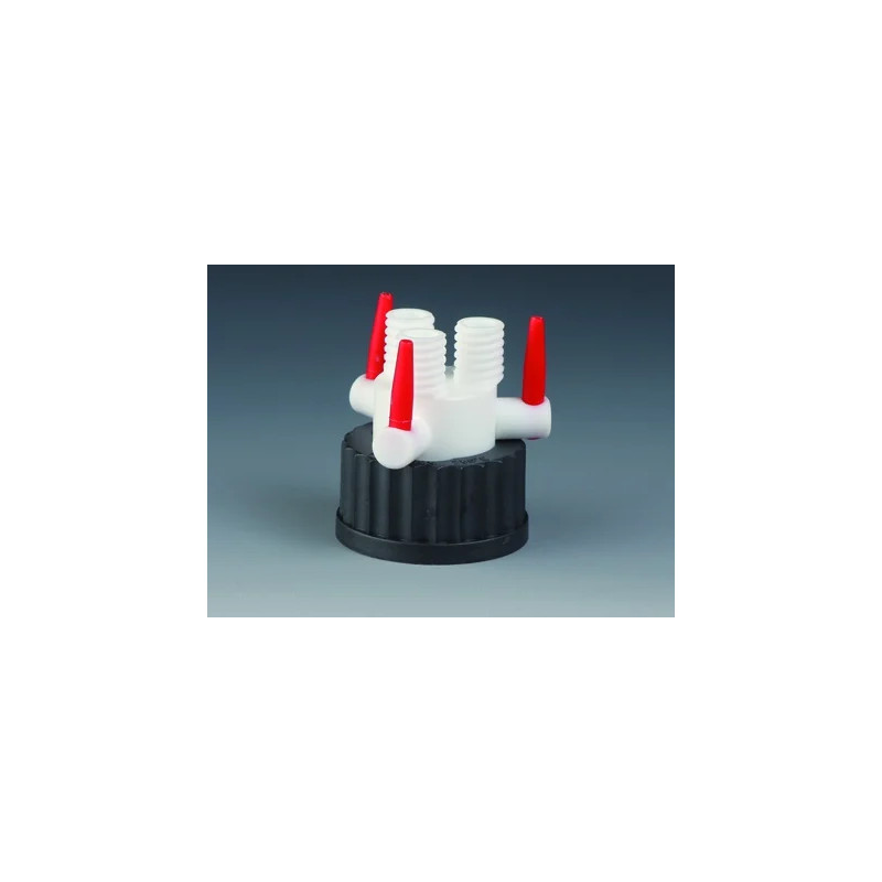 BOUCHON A VIS GL45 EN PPS AVEC 2 RACCORDS A VIS GL14 EN PTFE ET ROBINETS