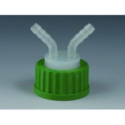 BOUCHON A VIS GL45 EN POLYPROPYLENE AVEC 2 RACCORDS CANNELES POUR TUYAU DIAMETRE INT. 6 - 9 mm