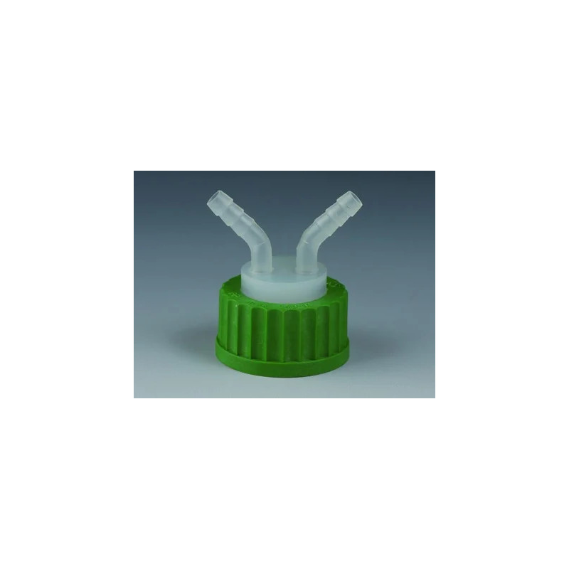 BOUCHON A VIS GL45 EN POLYPROPYLENE AVEC 2 RACCORDS CANNELES POUR TUYAU DIAMETRE INT. 6 - 9 mm