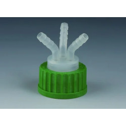 BOUCHON A VIS GL45 EN POLYPROPYLENE AVEC 3 RACCORDS CANNELES POUR TUYAU DIAMETRE INT. 6 - 9 mm