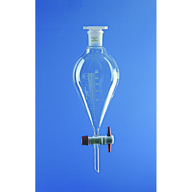 AMPOULE A DECANTER EN VERRE BOROSILICATE FORME CONIQUE CLE PTFE AVEC GRADUATIONS, 50 ml