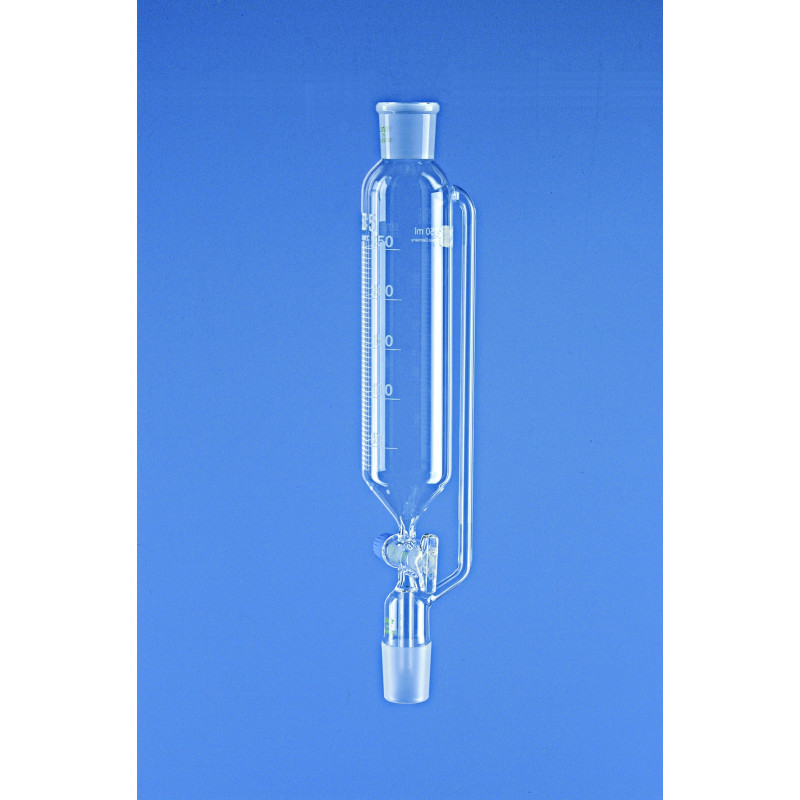 AMPOULE A DECANTER EN VERRE BOROSILICATE FORME CYLINDRIQUE AVEC TUBE EXTERNE, RODAGE MALE/FEMELLE CL