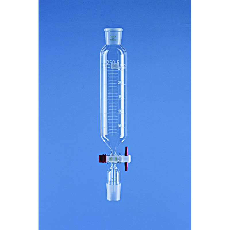 AMPOULE A DECANTER EN VERRE DURAN FORME CYLINDRIQUE, RODAGE MALE/FEMELLE 29/32 CLE PTFE, 100 ml