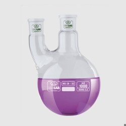 BALLON EN VERRE BOROSILICATE FOND ROND BICOL 100 ml COL CENTRAL 24/29, TUBULURE LATERALE VERTICALE 19/26