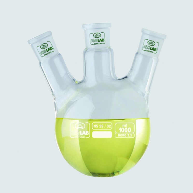 BALLON EN VERRE BOROSILICATE FOND ROND TRICOL 2000 ml COL CENTRAL 29/32, TUBULURES LATERALES INCLINEES 19/26