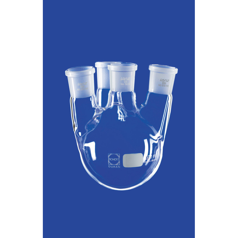 BALLON A FOND ROND EN VERRE DURAN 250 ML 4 COLS RODAGE CENTRAL 29/32 LATERAUX 19/26