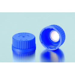 BOUCHON A VIS EN POLYPROPYLENE BLEU AVEC MEMBRANE DE SURPRESSION EN PTFE, PAR 5