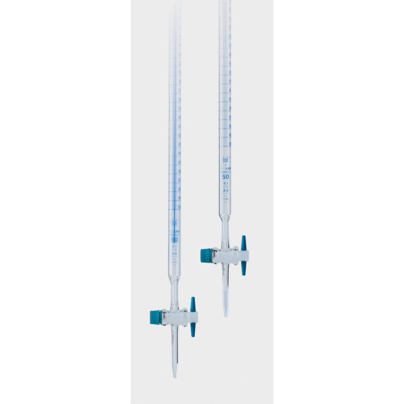 BURETTE EN VERRE BOROSILICATE CLASSE AS AVEC ROBINET DROIT CLE PTFE 50 ML