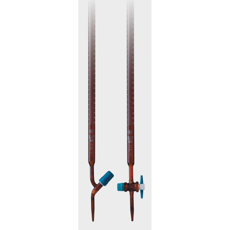 BURETTE EN VERRE BRUN BOROSILICATE CLASSE AS AVEC ROBINET DROIT CLE PTFE 25 ML