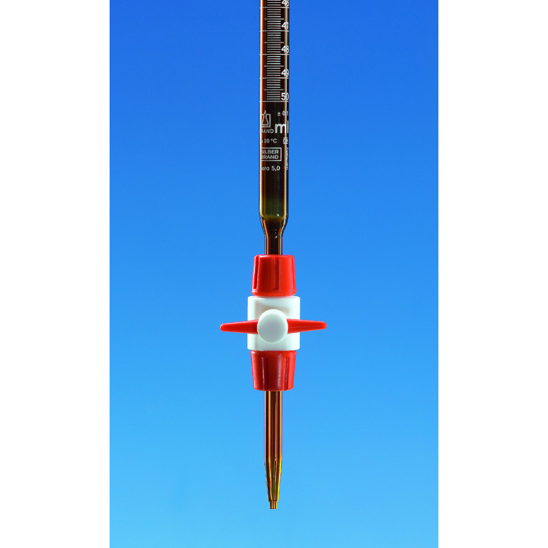 BURETTE DEMONTABLE EN VERRE BRUN BOROSILICATE SILBERBRAND CLASSE B, AVEC ROBINET DROIT PTFE