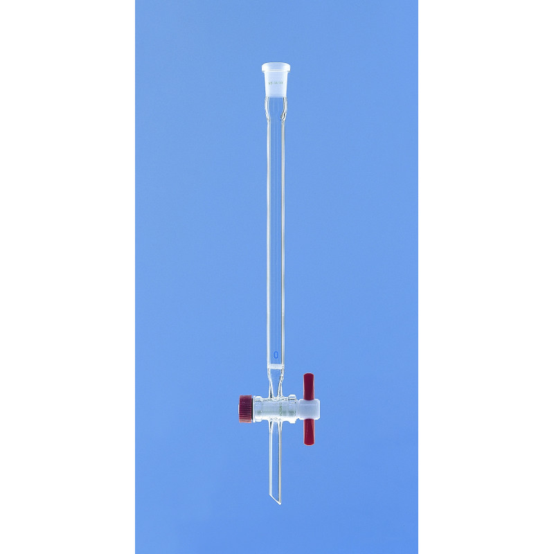 COLONNE DE CHROMATOGRAPHIE EN VERRE 15 ml LONGUEUR UTILE 200 MM, AVEC PLAQUE FRITTEE ROBINET CLE PTFE RODAGE 14/23
