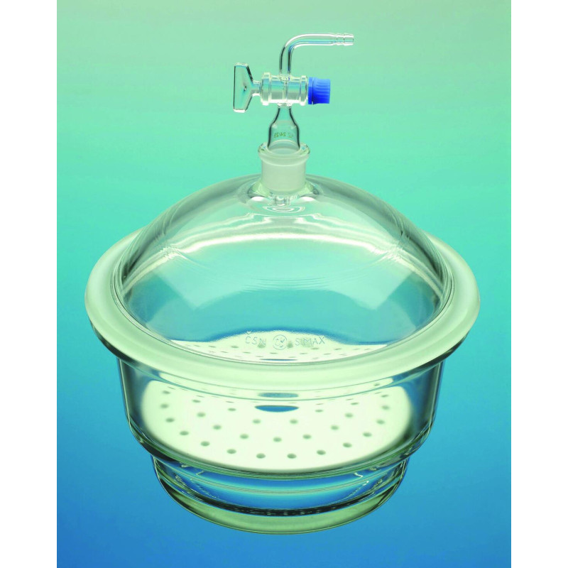DESSICCATEUR A VIDE EN VERRE BOROSILICATE AVEC COUVERCLE A COL RODE 24/29, ROBINET ET PLAQUE EN PORC