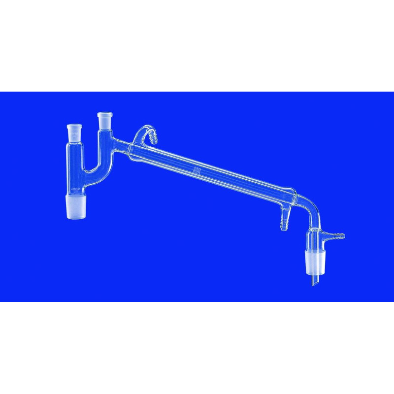 PONT DE DISTILLATION SELON CLAISEN EN VERRE DURAN, RODAGES MALES ET FEMELLES, RACCORD A OLIVE ET PRI